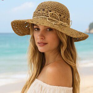 Route 66 Boho Festival Packable Floppy Straw Sun Hat Retro Hippie Y2K